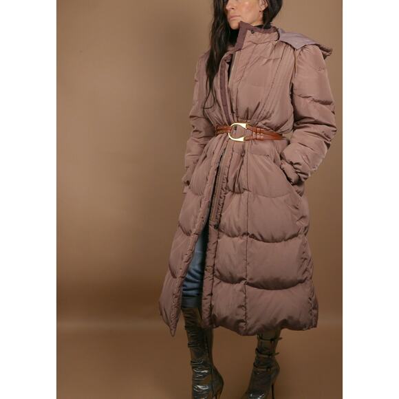 Vintage Beige Down Puffer Long Coat Jacket Quilted Leather Belt Warm Size L - Picture 12 of 12